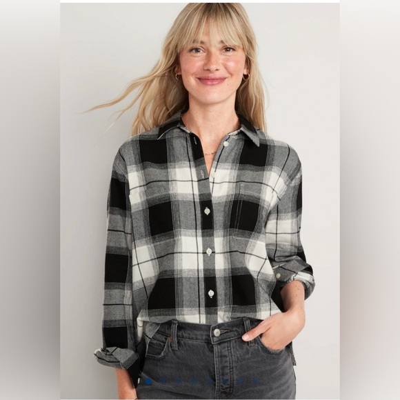 🆕 RESERVED E4L Old Navy Women’s Cropped Plaid Flannel Boyfriend Shirt TALL - Picture 3 of 14